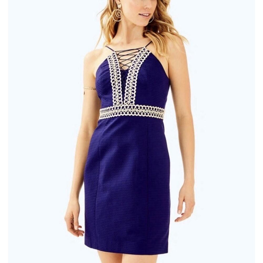 Lilly Pulitzer Trista Shift Dress Women's Size 2 Navy Blue Gold Trim Lace Up